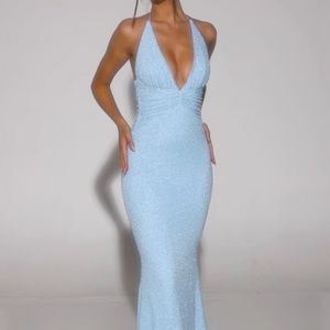 Oh Polly Verona Blue Maxi Halter embellished dress